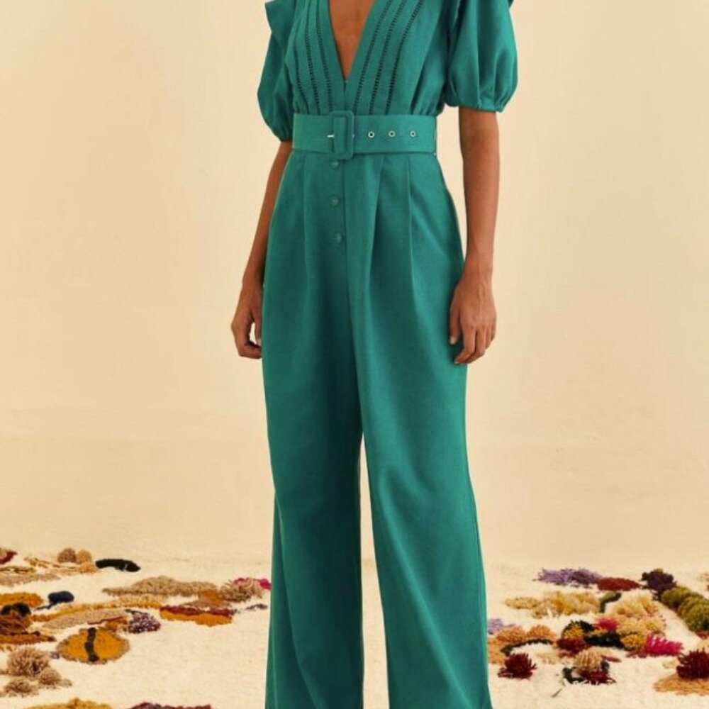 Farm Rio Emerald Pleated Short Sleeve Jumpsuit